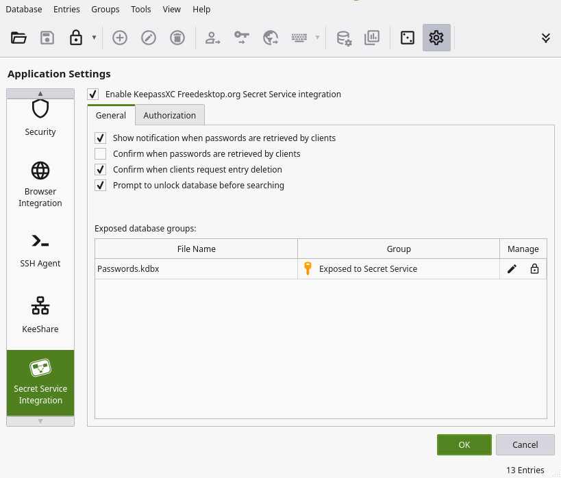 KeepassXC's Secret Service Settings
