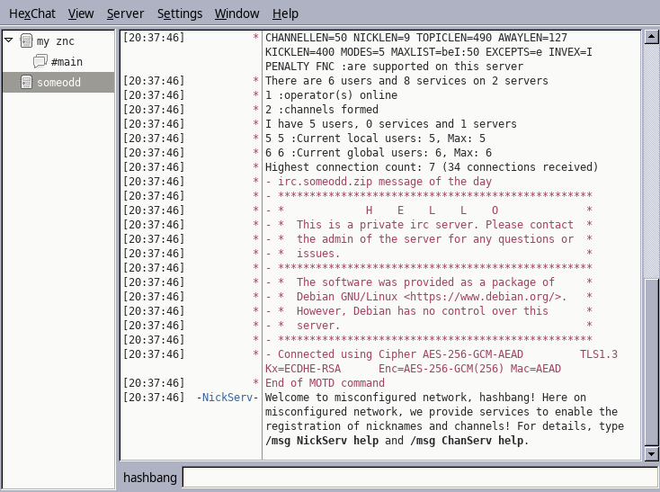 Screenshot of HexChat, connected to someodd IRC