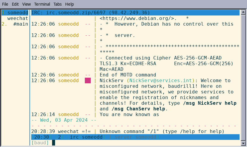 Screenshot of Weechat, connected to someodd IRC, in a terminal